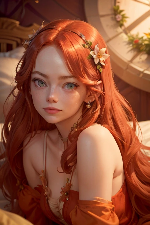 1womanl, Red hair, long hair, rapunzel, shy facial expression, short camisole, flower in hair, good backlight, the night, lying on her bed, bangss, aretes