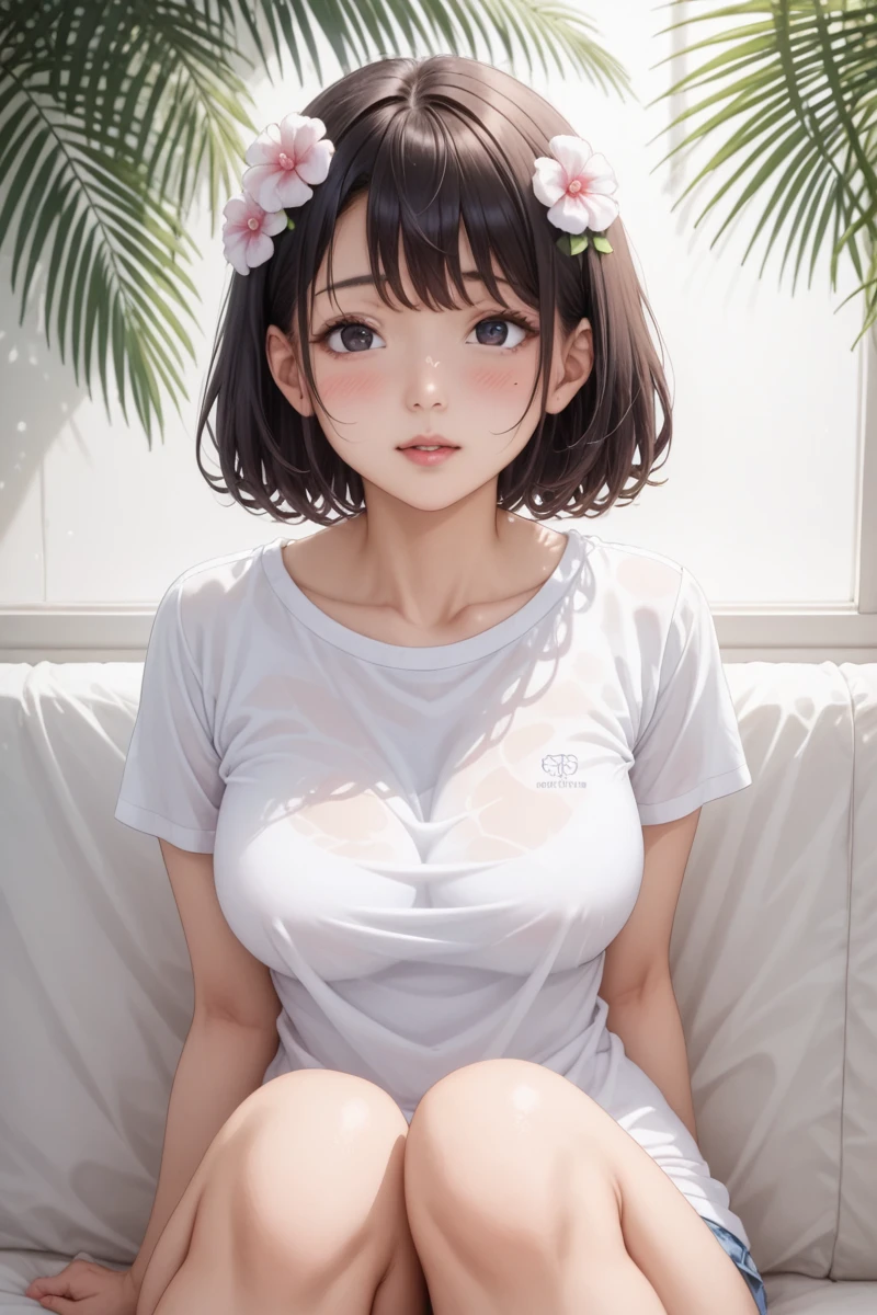 score_9,score_8_superior,score_7_superior,8k, High resolution, 5 years old、beautiful girl, bright black hair, Thin Hair, Small face, cute、Large Breasts、Highest quality,Japanese face、small mole on the corner of the eye,((Puffy eyes))、(superior目づかい)、Short Bob、Riverbank、口角superiorがる、Beautiful legs、Flower Hair Ornaments、sexy、Sensual、Blushing、Palm tree、Ocean、White T-shirt、