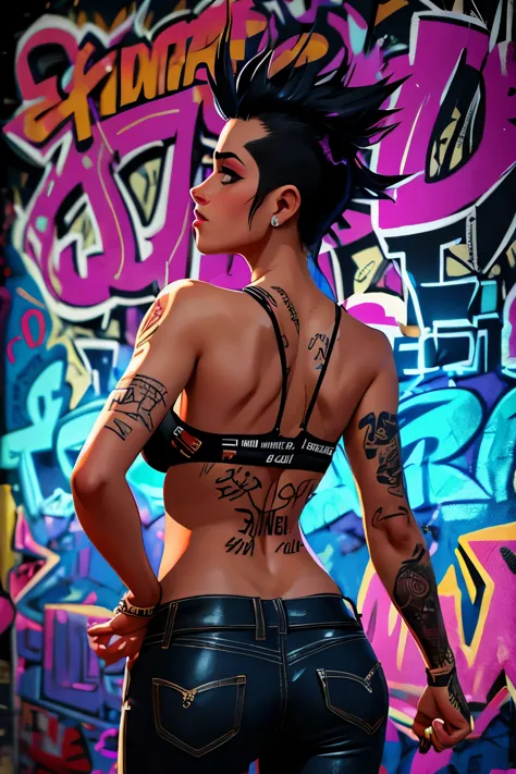 photorealistic, ultra-detailed, ((back viewer, looking to spectator)), ((hot rocker punk girl, spiky black mohawk hair)) girl, h...