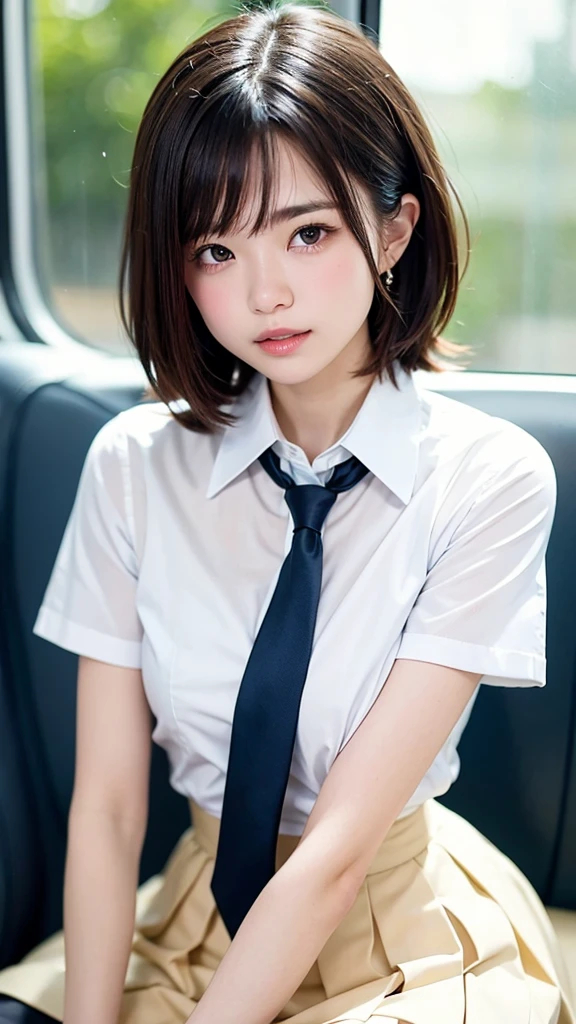 (masterpiece, Highest quality:1.2), 8k, 15 years, 85mm, Official Art, RAW Photos, Absurd, White dress shirt, Pretty face, close, Upper Body, violet, Gardenia, beautiful girl, , (Navy Pleated Skirt:1.1), Squeeze the waist, Medium delicious,Thighs, Short sleeve, in the train, sit on bench seat, View your viewers, No makeup, (smile:0.4), Film Grain, chromatic aberration, Sharp focus, Face Light, Bright lighting, Teen, Detailed face, Bokeh Background, (Dark red tie:1.1)