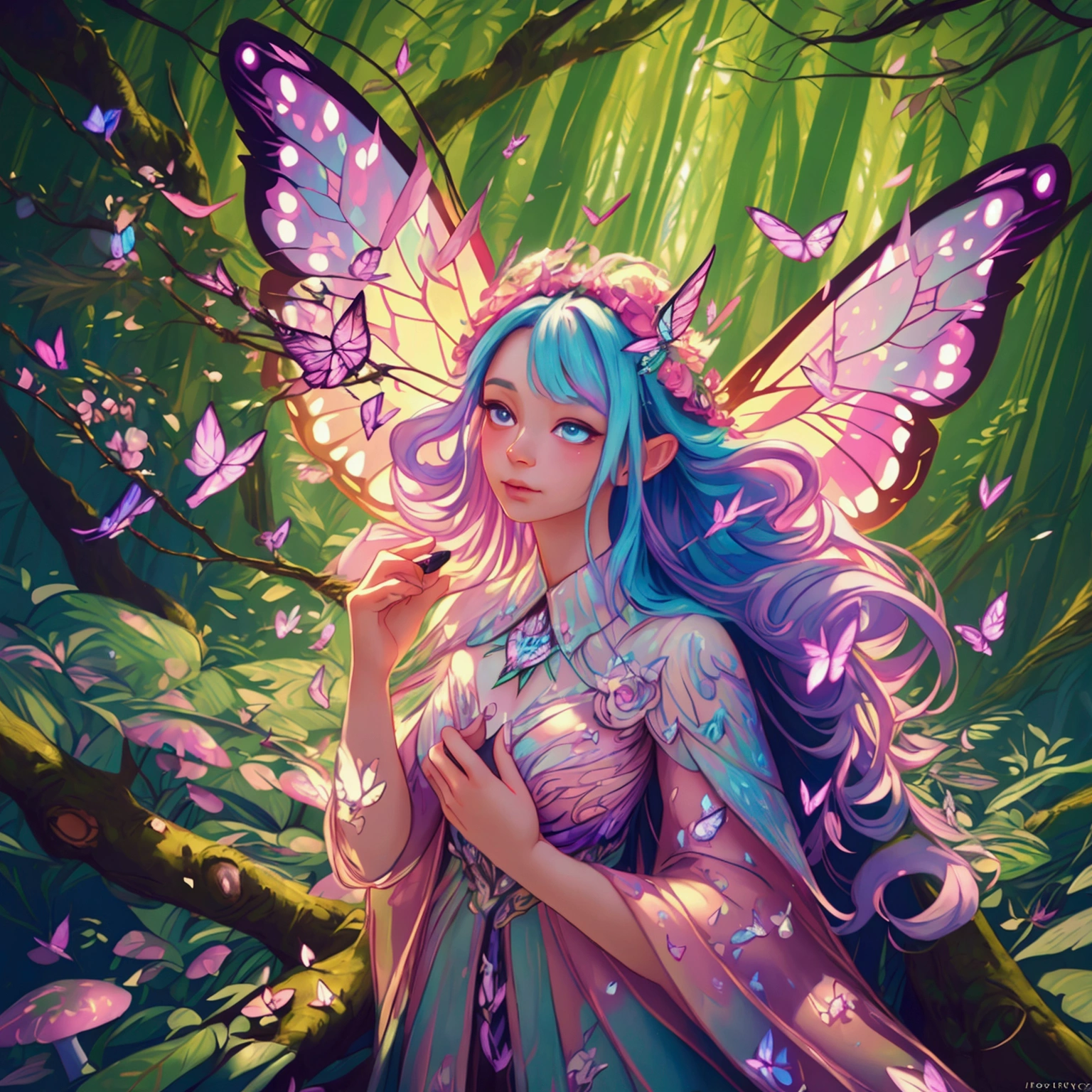 a fairy with multi colored wings of light flying through an enchanted forest,1girl,extremely detailed face and eyes,gorgeous fairy with beautiful flowing hair,colorful and glowing butterfly wings,enchanted forest with glowing mushrooms and flowers,sunlight filtering through the trees,cinematic lighting,vibrant colors,whimsical fantasy art,digital painting,(best quality,4k,8k,highres,masterpiece:1.2),ultra-detailed,(realistic,photorealistic,photo-realistic:1.37)