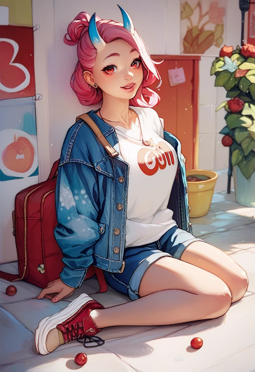 a cute oni girl with small blue horns, long pink hair tied with a red ball clip, red eyes, pink lips, light brown skin, dressed in casual style, white t-shirt, denim jacket, shorts, shoes, cute style, watercolor, HD
