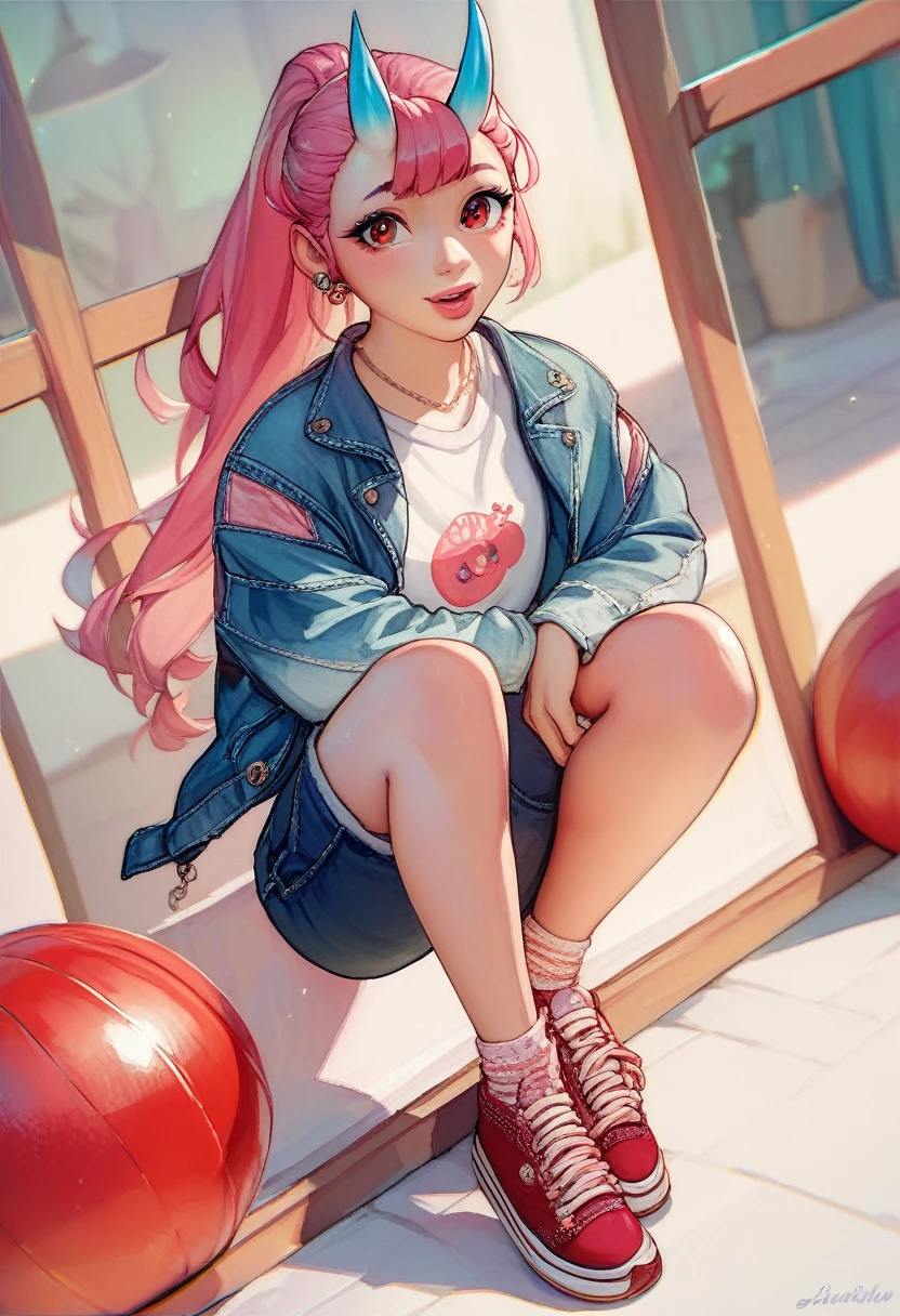 a cute oni girl with small blue horns, long pink hair tied with a red ball clip, red eyes, pink lips, light brown skin, dressed in casual style, white t-shirt, denim jacket, shorts, shoes, cute style, watercolor, HD
