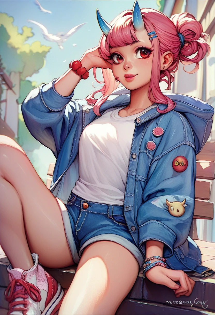 a cute oni girl with small blue horns, long pink hair tied with a red ball clip, red eyes, pink lips, light brown skin, dressed in casual style, white t-shirt, denim jacket, shorts, shoes, cute style, watercolor, HD
