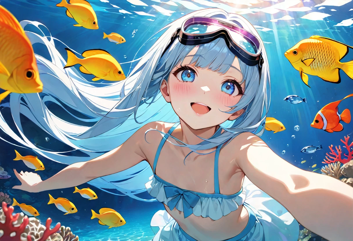 masterpiece, best quality, extremely detailed, (illustration, official art:1.1), 1 girl ,(((( light blue long hair)))), ,(((( light blue long hair)))),light blue hair, , long hair ((blush)) , cute face, big eyes, masterpiece, best quality,(((((a very delicate and beautiful girl))))),Amazing,beautiful detailed eyes,blunt bangs((((little delicate girl)))),(((tareme))),droopy eyes.(true beautiful:1.2), sense of depth,dynamic angle,,,, affectionate smile, (true beautiful:1.2),,(tiny 1girl model:1.2),)(flat chest),　(highest quality:1.2, Very detailed, Latest, Vibrant, Super Detail, Ultra-high resolution, High Contrast, masterpiece:1.2, highest quality, Best aesthetics), Detailed eyes、Underwater Scene、Anime Girls、Beautiful Lips、Colorful tropical fish、coral、((比基尼:1.2))、swimming、Calm expression、Lush vegetation、aquatic environment、Sun rays、Sparkling water reflections、A breathtaking underwater world、Bright colors、Subtle lighting、Tranquility、Marine Life、A masterpiece of art、Surreal atmosphere、Diving goggles、Water bubbles、Clear water、Tropical paradise、A blissful experience、Girl&#39;s happy face、coral礁、Unusual Marine Life、Rising bubbles、Shining fish scales、A floating sensation like weightlessness。