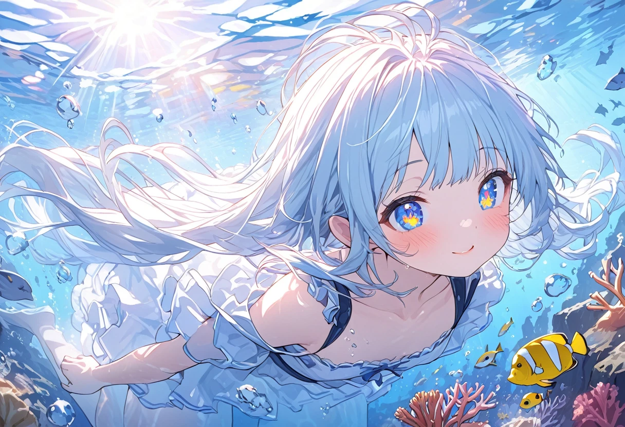 masterpiece, best quality, extremely detailed, (illustration, official art:1.1), 1 girl ,(((( light blue long hair)))), ,(((( light blue long hair)))),light blue hair, , long hair ((blush)) , cute face, big eyes, masterpiece, best quality,(((((a very delicate and beautiful girl))))),Amazing,beautiful detailed eyes,blunt bangs((((little delicate girl)))),(((tareme))),droopy eyes.(true beautiful:1.2), sense of depth,dynamic angle,,,, affectionate smile, (true beautiful:1.2),,(tiny 1girl model:1.2),)(flat chest),　(highest quality:1.2, Very detailed, Latest, Vibrant, Super Detail, Ultra-high resolution, High Contrast, masterpiece:1.2, highest quality, Best aesthetics), Detailed eyes、Underwater Scene、Anime Girls、Beautiful Lips、Colorful tropical fish、coral、((比基尼:1.2))、swimming、Calm expression、Lush vegetation、aquatic environment、Sun rays、Sparkling water reflections、A breathtaking underwater world、Bright colors、Subtle lighting、Tranquility、Marine Life、A masterpiece of art、Surreal atmosphere、Diving goggles、Water bubbles、Clear water、Tropical paradise、A blissful experience、Girl&#39;s happy face、coral礁、Unusual Marine Life、Rising bubbles、Shining fish scales、A floating sensation like weightlessness。
