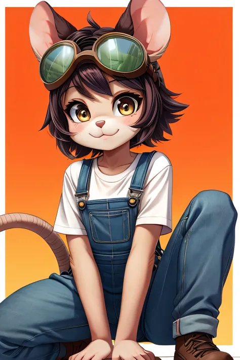 a cute ratgirl furry in patched overalls and large goggles