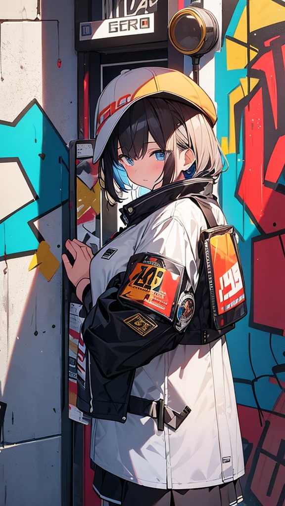 (Highest quality), masterpiece, Highly detailed CG uniform 8K illustrations, High collar, extremely High collar saturation, All the colors have deepened, paint, Graffiti art, Center Configuration, Highly detailed lights and shadows, Graffiti wall, wall painted bright, A girl&#39;s graffiti A girl is staring at the wall, Highly detailed face and eyes, Medium length hair, Sportswear, Coloured Clouds