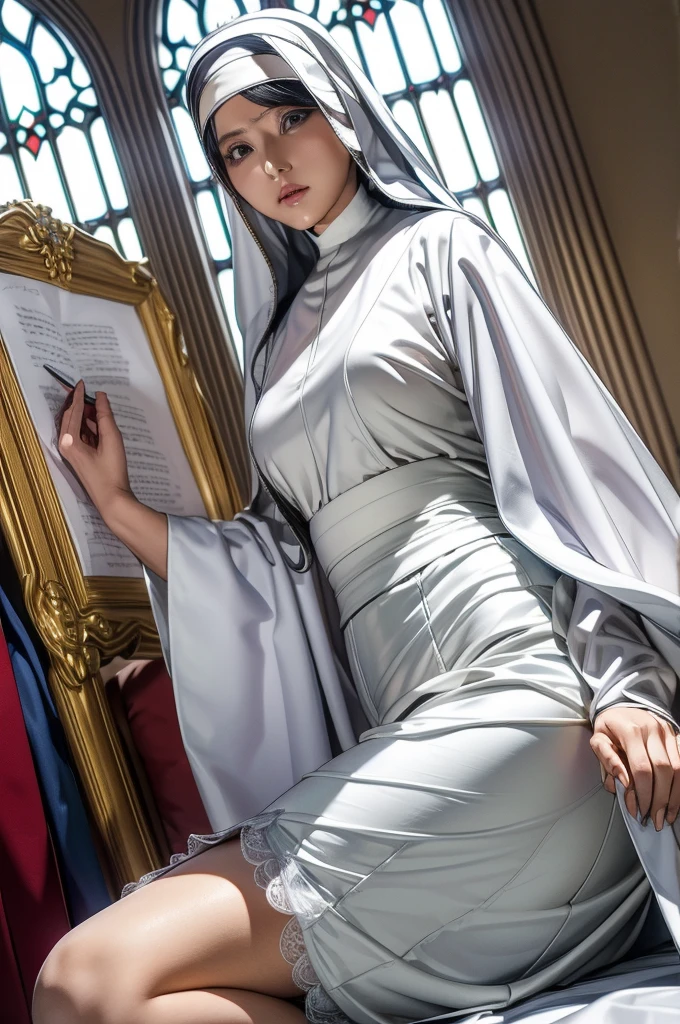 Top quality people々，masterpiece，final solution，fluffy，非常にcolorfulな，colorful，saint，Silvery white long hair，curly，Mature Woman，good，(Nun Dress,pencil skirt,Thighs:1.3)，cathedral，Sanctuary，Normal posture、((mini skirt)),