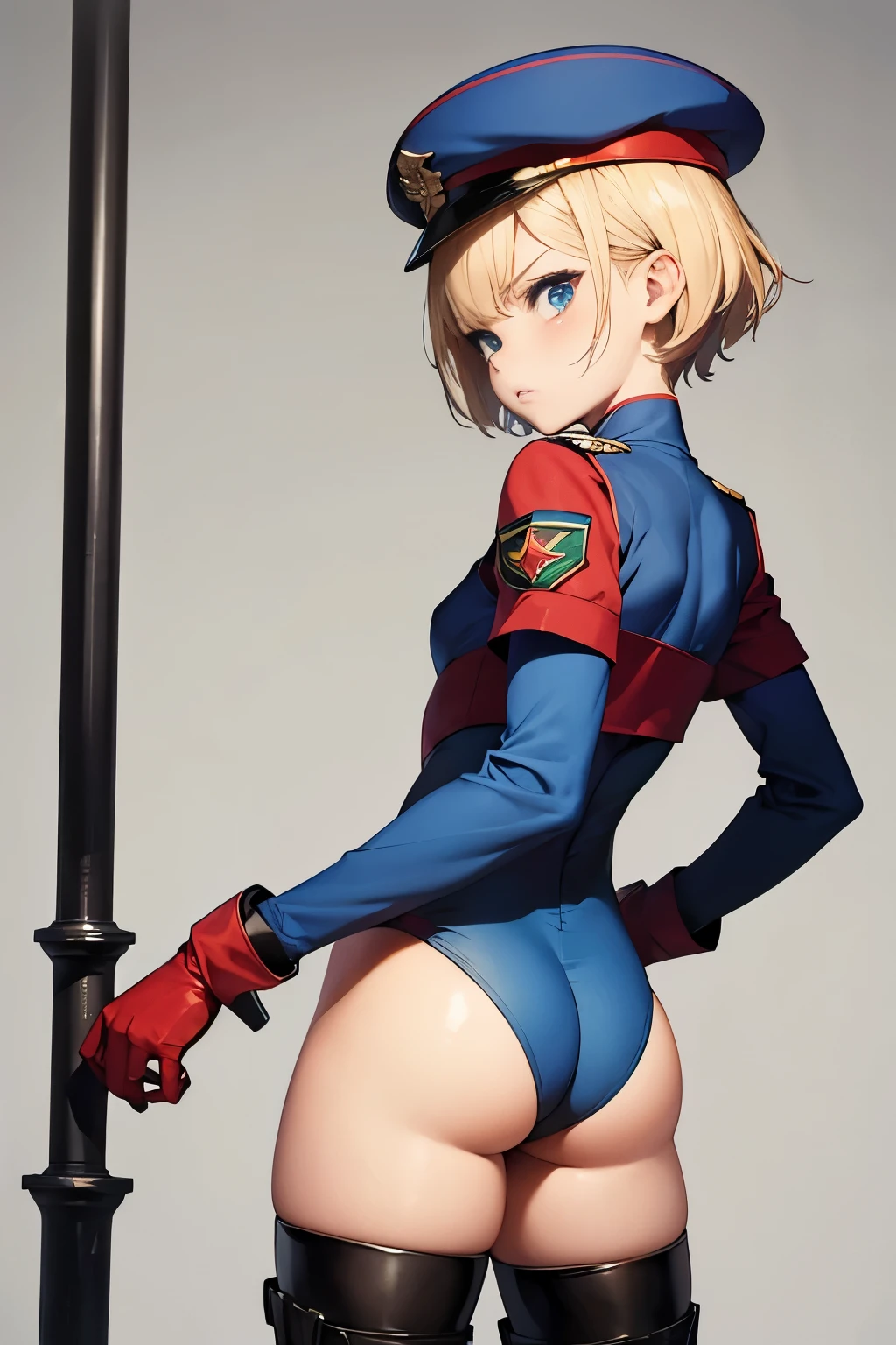     girl ,   small girl , short blonde hair ,  blue eyes,  angry  face , scar ,  body , red militar  beret , green leotard , flat chest , gloves ,long boots .standing. back ass 