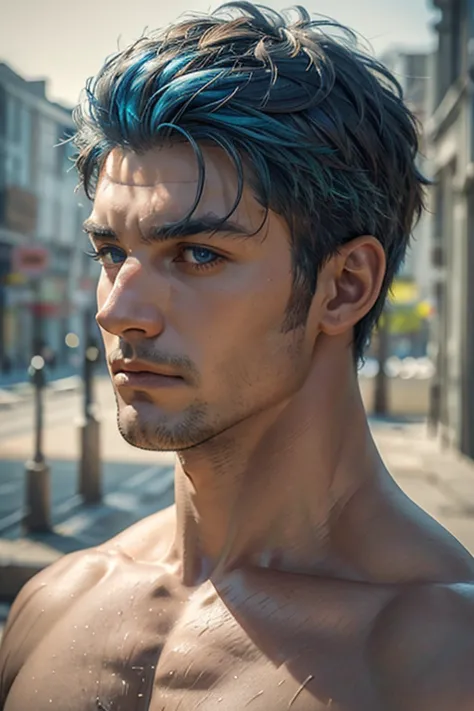 muscular shirtless man, looking at camera, blue hair, detailed face, high quality, photorealistic, dramatic lighting, cinematic ...