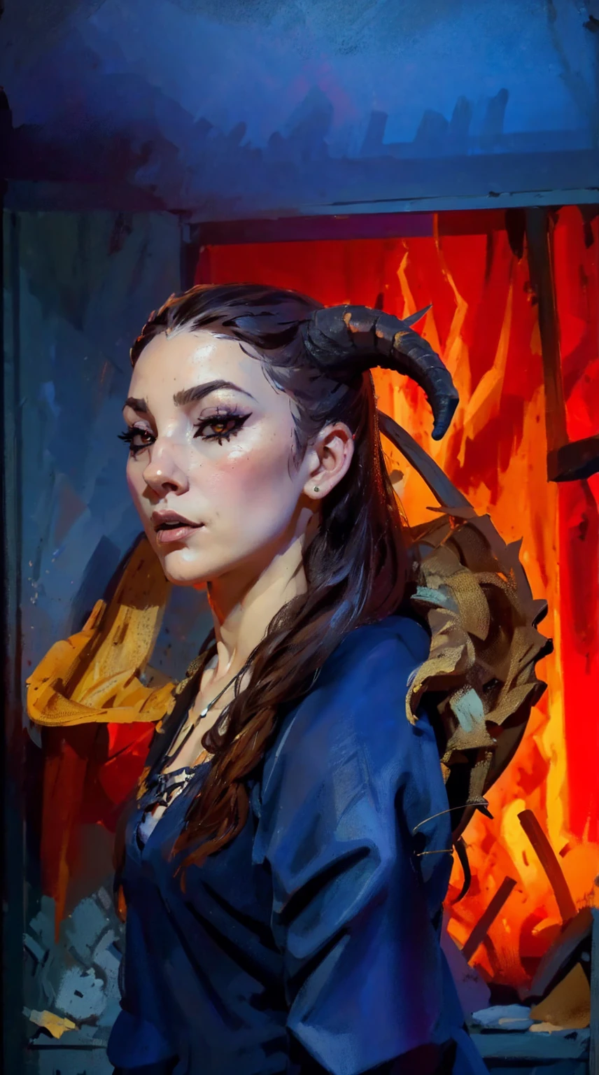 Hyper detailed full body shot of a gorgeous young woman, demon girl, horns, black_sclera, 30 years old, black sclera:1.3, demonizer, masterpiece, conceptual portrait, hyper detailed medieval dress in neutral warm colors, character concept of medieval adventure movie, the entire figure dressed in witcher style, standing facing the viewer:1.5, frontal full body shot, beautiful woman, skinny thin waist:1.5, small breasts:1.5, curvy hips and thighs:1.5, straight brown hair, detailed face