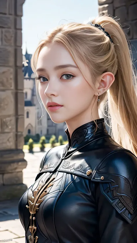 highest quality、masterpiece、delicate and beautiful face、eye and facial details、female knight、beautiful woman、black clothes、cospl...