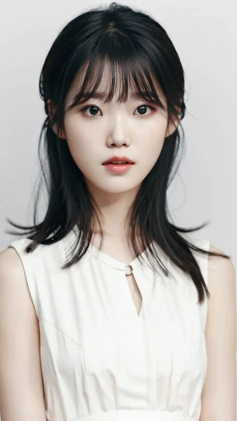 i, lee ji-eun, one girl, alone, view your viewers, bangs, black hair, white dress, upper body,  iris, lips, simple background, w...