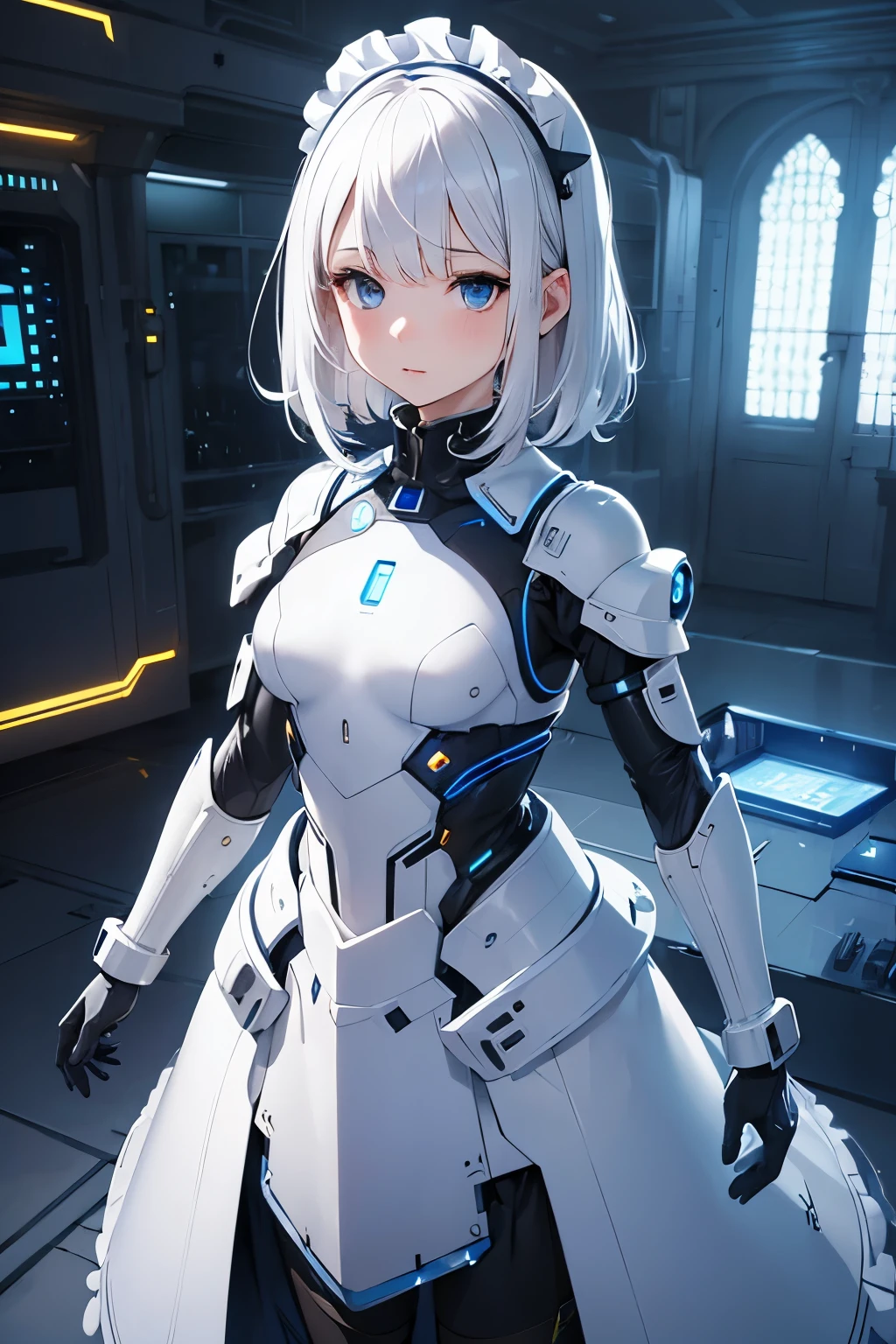   Ultra realistic, girl 8 year old , white hair,  Headpones, blue eyes  , flat chest , technological suit maid , leds , maid style,  futuristic, android girl. Mechanical arms. Corpo inteiro,  Mansion 