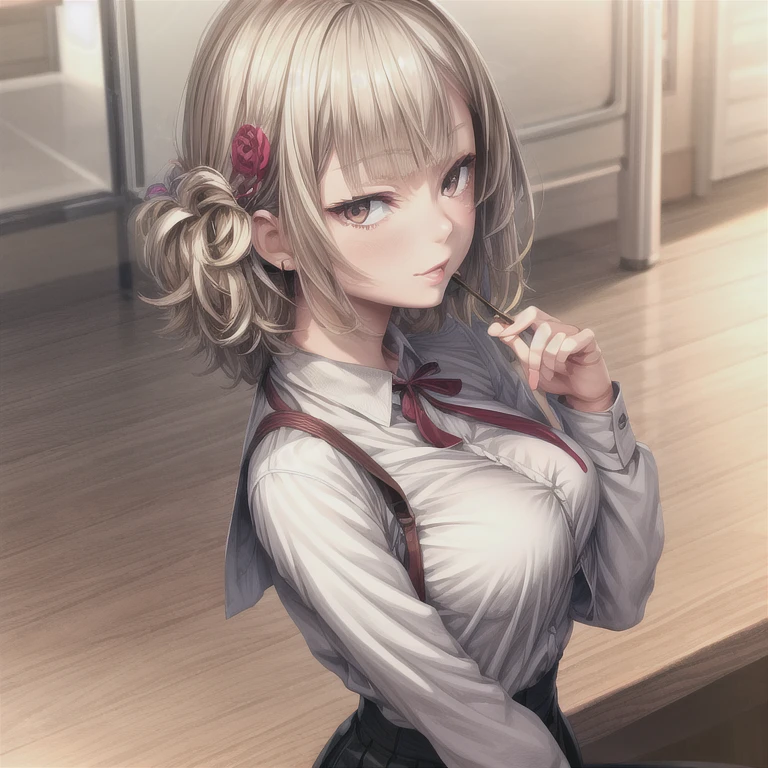 best quality, ultra high res, (photorealistic:1.4), 1girl, button shirt, black skirt, school, dark brown hair, breasts, (blonde hair:1.2), looking at viewer, (highly detailed face:1.1),,  (PureErosFace_V1:0.8),tiktok,  