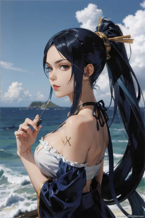 (full-length portrait),(pirate costume),a close up of a woman with a very long hair,(high ponytail), (blue color hair) ,near the...