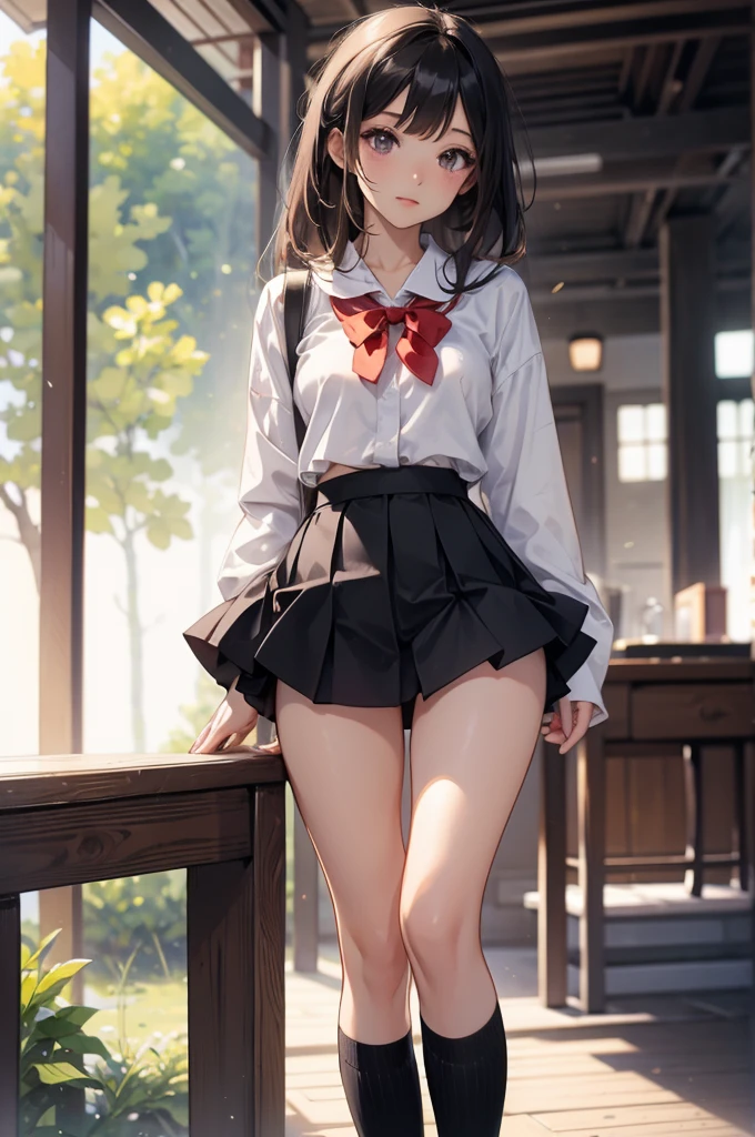 Short skirt, White panties,Cute school girl, Japanese Uniform,Black socks,whole body,