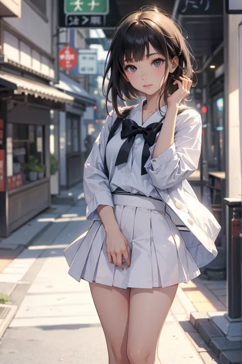 Short skirt, White panties,Cute school girl, Japanese Uniform,Black socks,whole body,