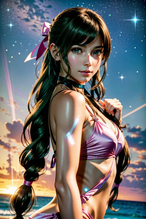 
Aerith,FF7, Long Hair, bangs, Brown Hair, bow, ribbon, jewelry, Green Eyes,  hair ピンクribbon, Braiding, hair bow, Side Lock, cho...