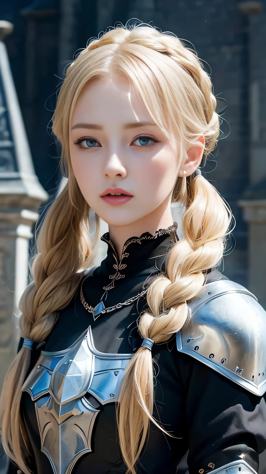 Highest quality、masterpiece、Delicate and beautiful face、Eye and facial details、female knight、Beautiful woman、Black clothes、Cosplay、Medieval European castle in the background、Textured skin、Super Detail、Attention to detail、Blonde、Blue Eyes、Angry face、Twin tails、Beautiful girl、Moisturizing the skin、Lip gloss, eyelash, Shining Face, Glowing Skin