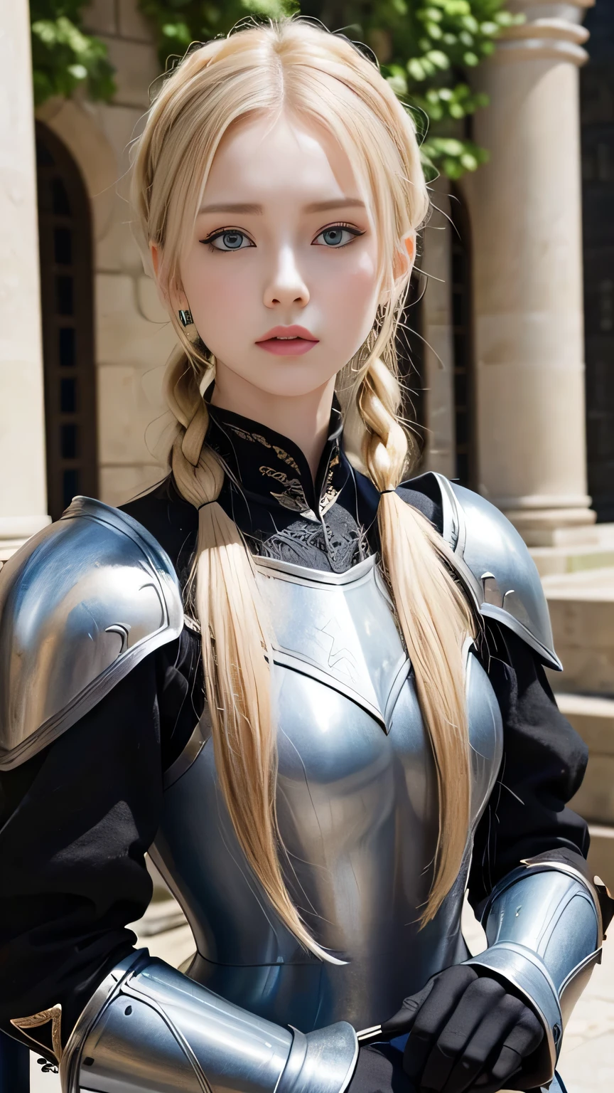 Highest quality、masterpiece、Delicate and beautiful face、Eye and facial details、female knight、Beautiful woman、Black clothes、Cosplay、Medieval European castle in the background、Textured skin、Super Detail、Attention to detail、Blonde、Blue Eyes、Angry face、Twin tails、Beautiful girl、Moisturizing the skin