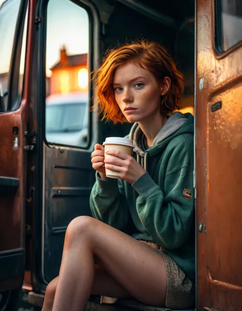 cinematic photorealistic picture of a beautiful short ginger hairstyle homeless girl, sitting inside her opening door van home w...