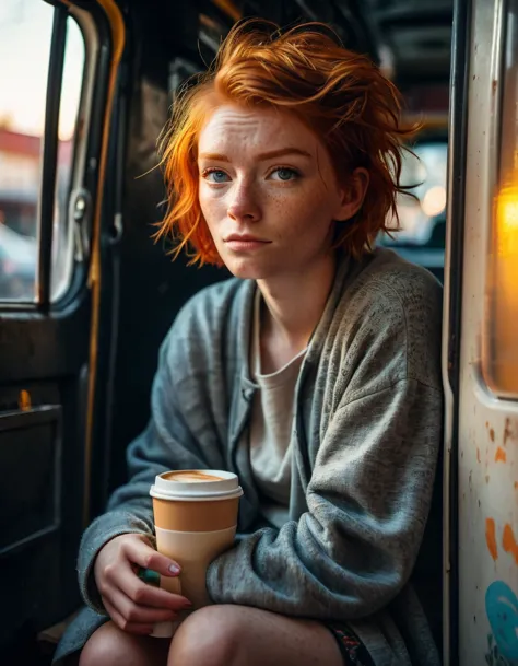 cinematic photorealistic picture of a beautiful short ginger hairstyle homeless girl, sitting inside her opening door van home w...