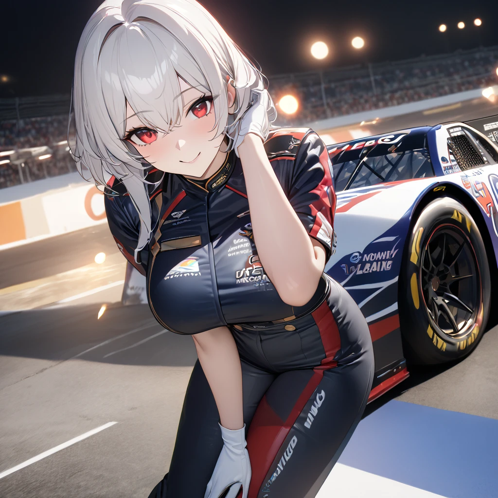 A woman wearing a leather pilot's uniform, uniform with the texture of England, big breasts, red eyes, white leather gloves, black leather boots, white hair, red eyes, smiling, perfect face, perfect eyes, next to a car nascar racing car, navy blue racing car, on a race track, night location with perfect lighting, Azur_lane,HMS_Sirius, close view, .UHD, masterpiece, accurate, anatomically correct, textured skin, super detail, high quality, best quality, 8k, high resolution, bokeh effect.(solo woman)
