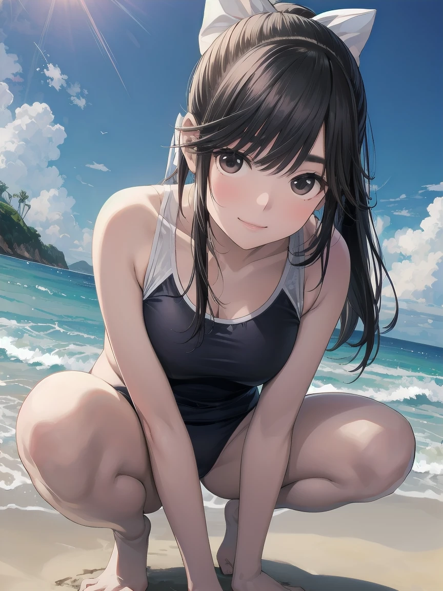 (realistic, photo realistic:1.2), ((highest quality)), move the center of gravity backwards, pretty embarrassing, takane manaka, ponytail, hair bow, School swimsuit, Tiny breasts, (squat:1.4), put the heel on the ground, spread legs, squat with your knees up, Attach your ass to the ground, beautiful face details, real human skin, gentle expression, Front view, angle from below, realistic, photorealistic, cute, squat deep on beach, whole body, Smile, natural smile, charming smile, enchanting smile, (looking at the viewer:1.2), From before, from below, (wind:1.1)