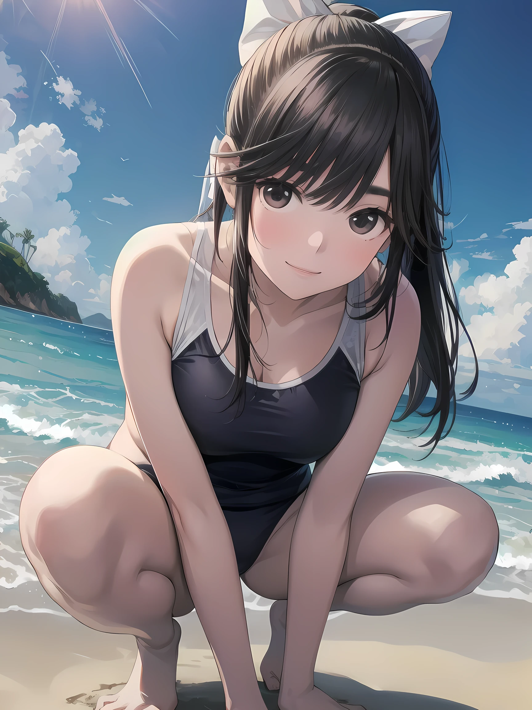 (realistic, photo realistic:1.2), ((highest quality)), move the center of gravity backwards, pretty embarrassing, takane manaka, ponytail, hair bow, School swimsuit, Tiny breasts, (squat:1.4), put the heel on the ground, spread legs, squat with your knees up, Attach your ass to the ground, beautiful face details, real human skin, gentle expression, Front view, angle from below, realistic, photorealistic, cute, squat deep on beach, whole body, Smile, natural smile, charming smile, enchanting smile, (looking at the viewer:1.2), From before, from below, (wind:1.1)