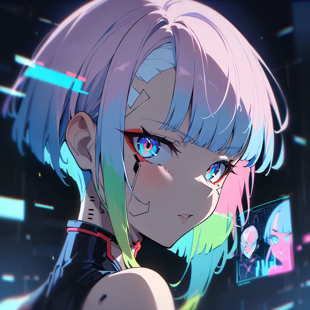 1 girl, One, Lucy \(cyberpunk\), cyberpunk \(row\), Asymmetrical Hair, short hair, blue hair, green hair, pink hair, multicolored hair, Blue eyes, Eyeliner, eyeshadow, draw up, bare shoulders, portrait, I look at the viewer, cyberpunk, hlpr, Futuristic, hologram, failure, holographic face, пользовательский interface, interface, Nodes, particles, depth of field, hips, masterpiece, Best quality, very aesthetic, absurdity, 