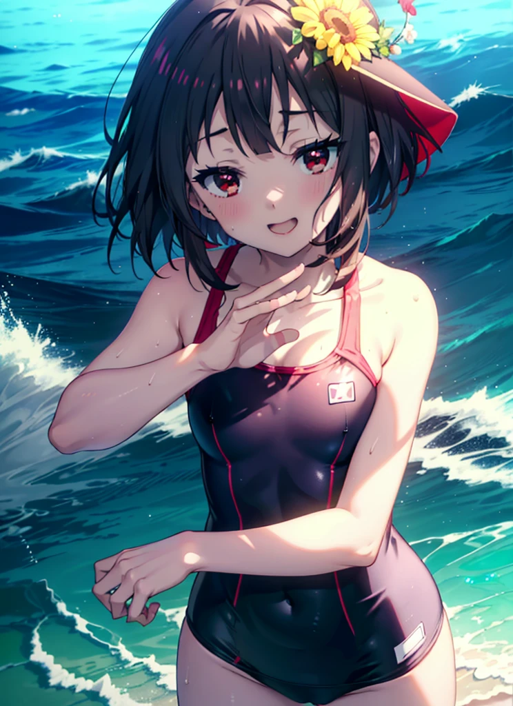 Konosubamegumin, Megumin, Kurzes Haar, schwarzes Haar, (rote Augen:1.3), Kurzes Haar with long locks,happy lächeln,lächeln, Öffne deinen Mund, Schulbadeanzug,Wasserspiel,nasse Haare,nasse Haut,Nasser Badeanzug,ganzer Körperがイラストに入るように,Wahrer Sommer,Blauer Himmel,Tageszeit, 　　　　　　　　　　　　　　　brechen outdoor, Strand,Sandy Strand, 　　　　　　　　　　　　　　brechen looking at viewer, ganzer Körper, (Cowboy-Schuss:1. 5),　　　　　　　　　　　　　　　　　　　brechen (Meisterwerk:1.2), höchste Qualität, Hohe Auflösung, Einheit 8k Hintergrundbild, (Figur:0.8), (Schöne Liebe zum Detail:1.6), sehr detailliertes Gesicht, Perfekte Beleuchtung, Hochdetaillierte CG, (perfekte Hände, Perfekte Anatomie),