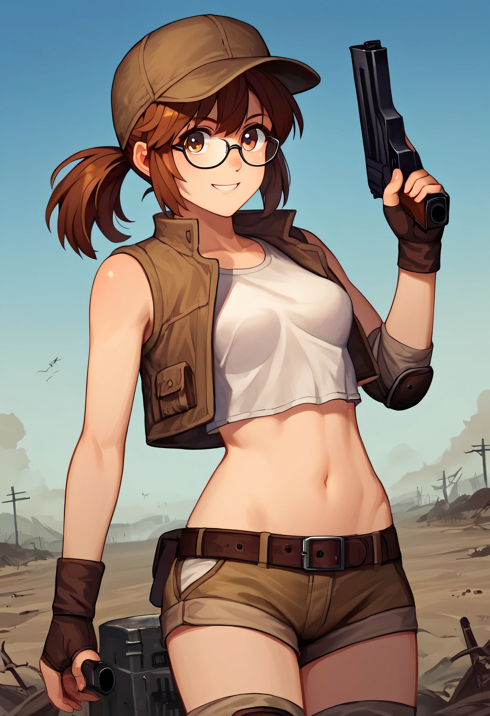 score_9, score_8_up, score_7_up, source_anime, fiogermi,1girl,fio germi, brown hair, glasses, medium hair, ponytail, brown eyes, crop top, hat, jacket, knee pads, shorts, sleeveless, navel, belt, outdoors, wasteland,gatling gun, weapon, holding gun, smile,ass,looking at viewer, cowboy shot,dynamic pose, dutch angle, solo,