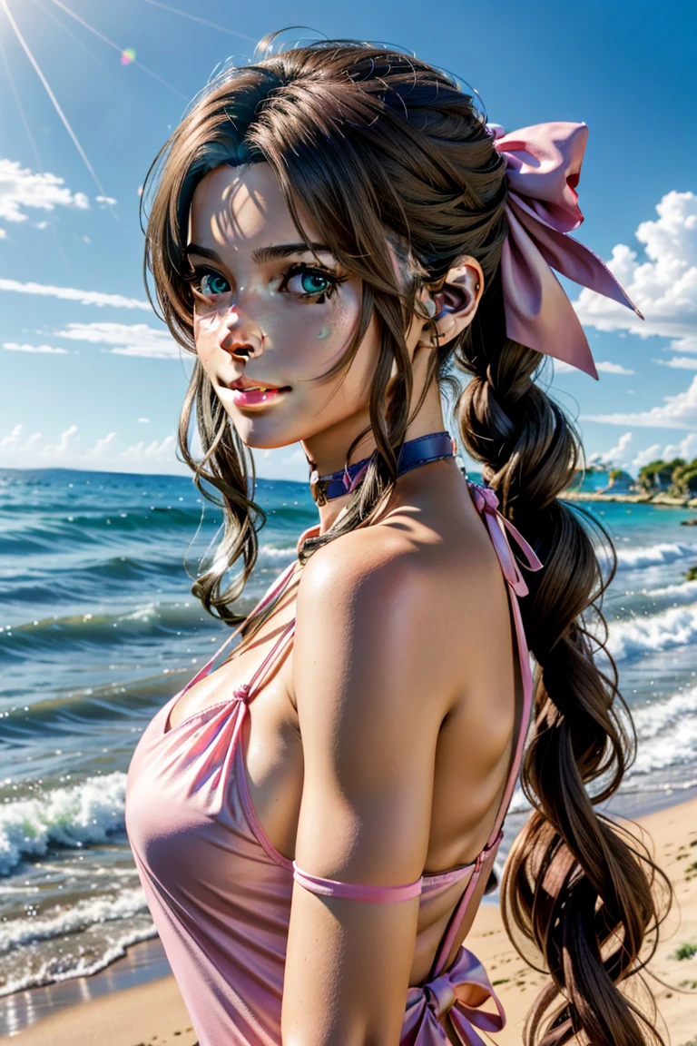 
aerith,FF7, lange Haare, bangs, braune Haare, Bogen, Schleife, Schmuck, grüne Augen,  hair ピンクSchleife, Flechten, hair Bogen, Seitliches Schloss, HALSBAND, Halskette, Lippen, geteilter Pony, pink Bogen, Porträtmalerei, realistisch,Super gute Qualität,gute Qualität,Meisterwerk,Digital SLR,ausführliche Erklärung,Erlesene Details,Anatomische Grundlagen,detaillierte Beschreibung,Detailliertes Gesicht,realistisch skin texture,scharfe Details,Perfekte Anatomie,Perfekte Anatomie,Anatomisch korrekte Hand,Anatomisch korrekte Finger,Super Detail,Komplexes 3D-Rendering,sexy Pose,Die wunderschöne Welt von Final Fantasy 7,Rosa Rüschen-Badeanzug,Wet,schöner blauer Himmel,schöne Strände,Traumhafte Strände,Sternschnuppe,Fantasy-Weltbild,malerisch,pinke Lippen,lächeln,Bringen Sie mehr Ausdruck in Ihr Gesicht,