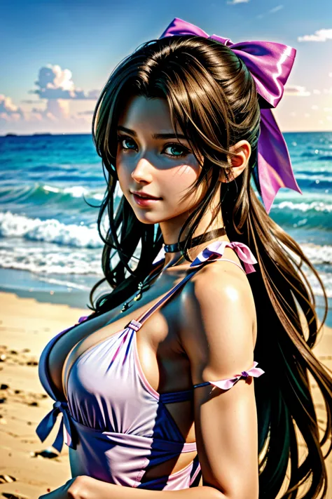 
Aerith,FF7, Long Hair, bangs, Brown Hair, bow, ribbon, jewelry, Green Eyes,  hair ピンクribbon, Braiding, hair bow, Side Lock, cho...