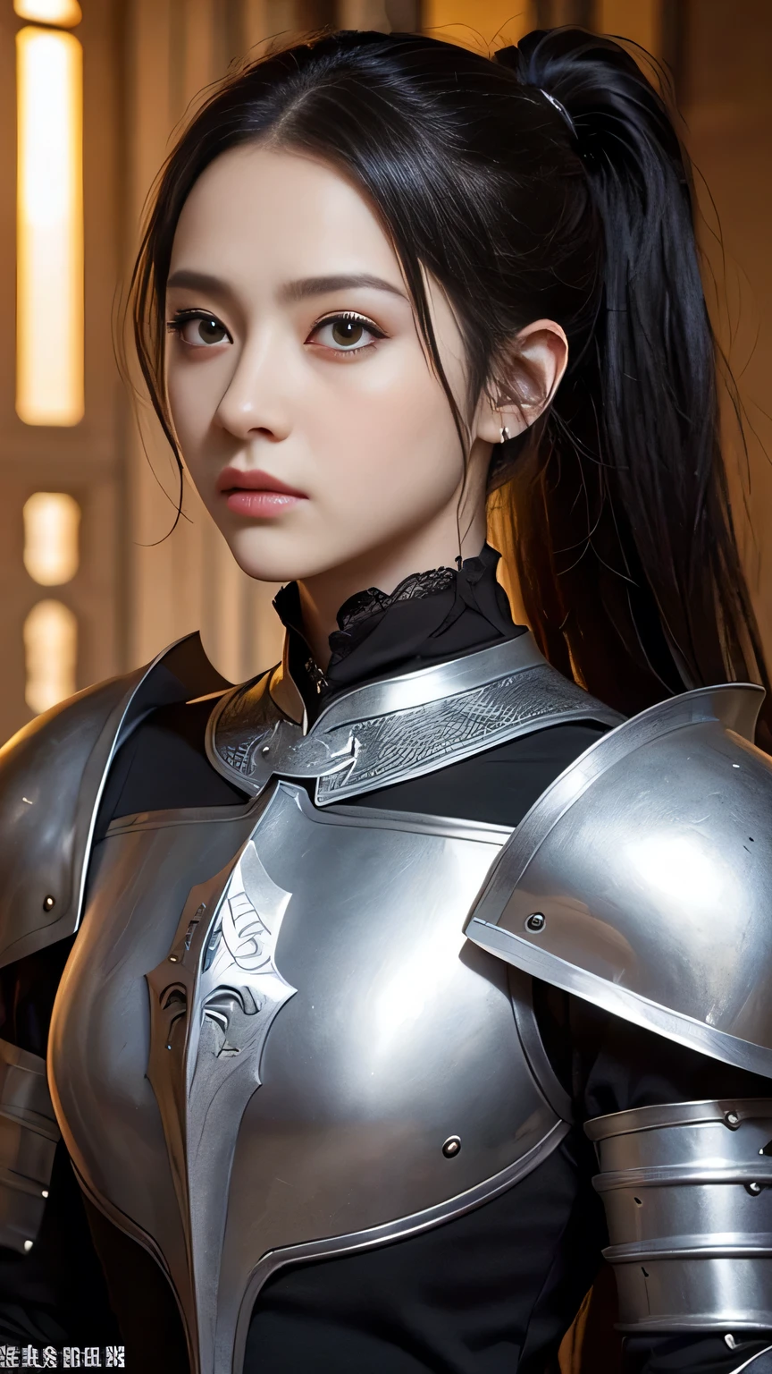 Highest quality、masterpiece、Delicate and beautiful face、Eye and facial details、female knight、Beautiful woman、Black clothes、Cosplay、Medieval European Background、Textured skin、Super Detail、Attention to detail、Black Hair、Iris、Angry face、ponytail