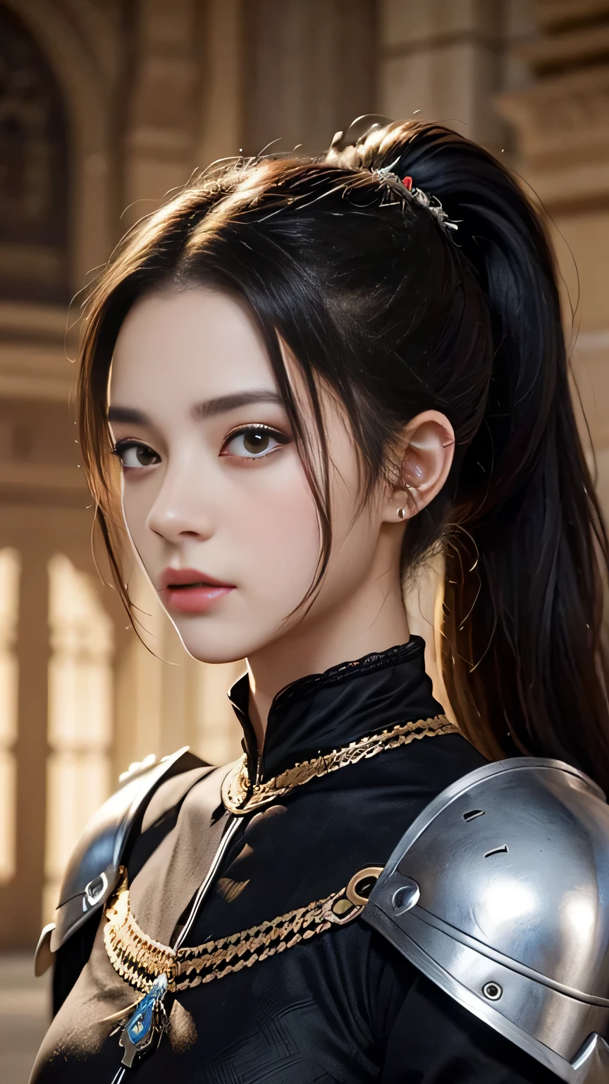 Highest quality、masterpiece、Delicate and beautiful face、Eye and facial details、female knight、Beautiful woman、Black clothes、Cosplay、Medieval European Background、Textured skin、Super Detail、Attention to detail、Black Hair、Iris、Angry face、ponytail