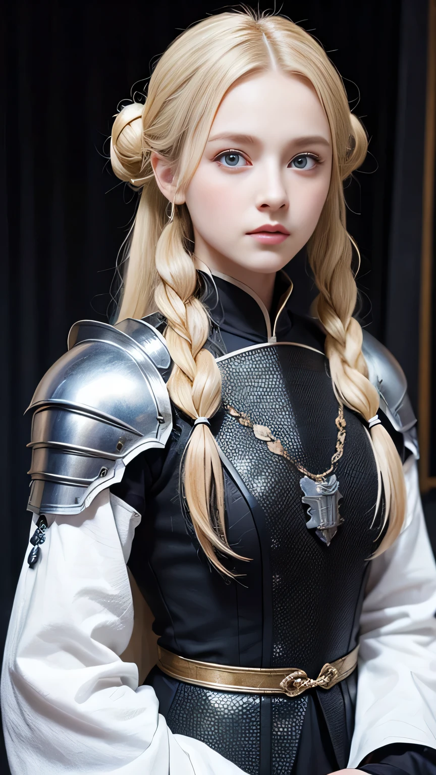 Highest quality、masterpiece、Delicate and beautiful face、Eye and facial details、female knight、Beautiful woman、Black clothes、Cosplay、Medieval European Background、Textured skin、Super Detail、Attention to detail、Blonde、Blue Eyes、Puffy face、Twin tails