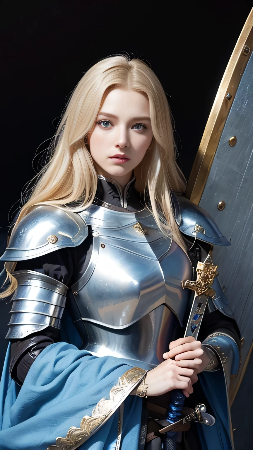 Highest quality、masterpiece、Delicate and beautiful face、Eye and facial details、female knight、Beautiful woman、Black clothes、Cosplay、Medieval European Background、Textured skin、Super Detail、Attention to detail、Blonde、Blue Eyes、He has a big sword and a big shield、Angry face