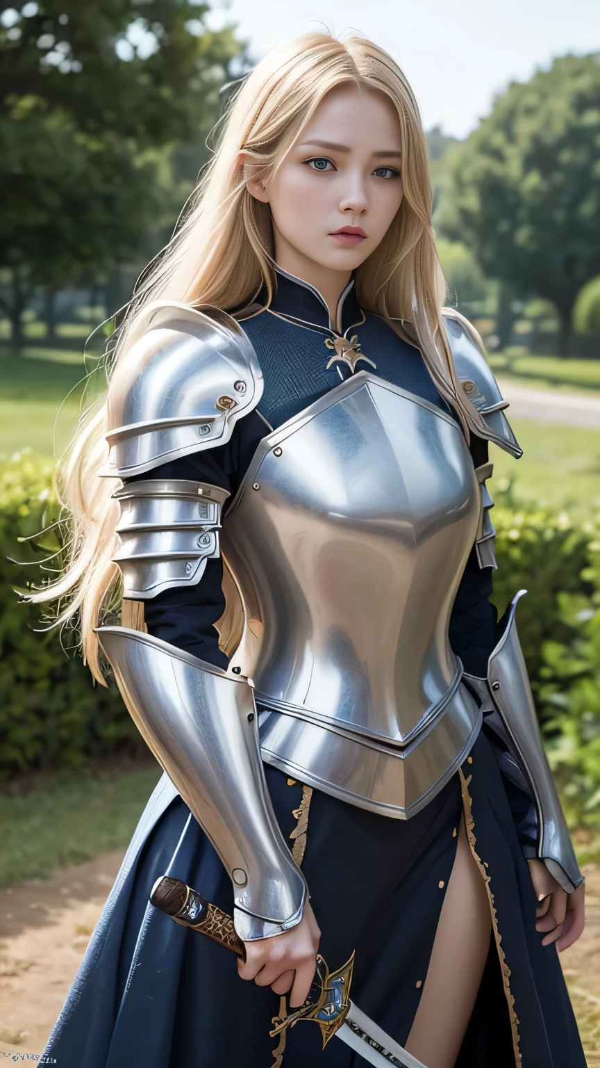 high quality、masterpiece、Delicate and beautiful face、Eye and facial details、Beautiful woman、Cosplay、Medieval European Background、Textured skin、Super Detail、Attention to detail、Blonde、blue eyes、long hair、Angry face、Cosplay、Holding a huge Western sword、Straddling Hakuba、female knight、Wearing black armor