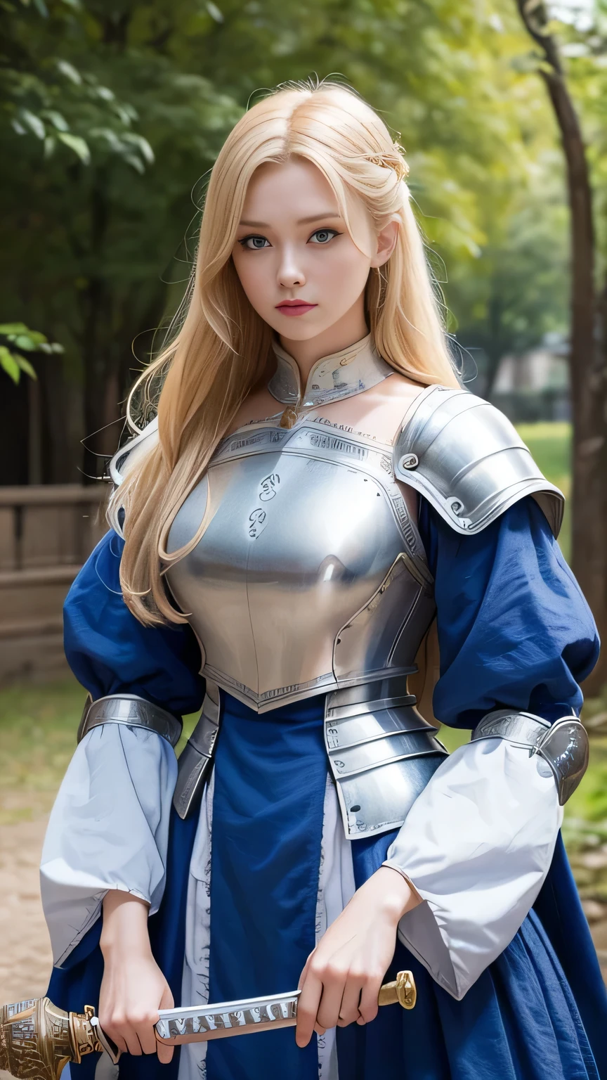 high quality、masterpiece、Delicate and beautiful face、Eye and facial details、Beautiful woman、Cosplay、Medieval European Background、Textured skin、Super Detail、Attention to detail、Blonde、blue eyes、long hair、Angry face、Cosplay、Holding a huge Western sword、Straddling Hakuba、female knight