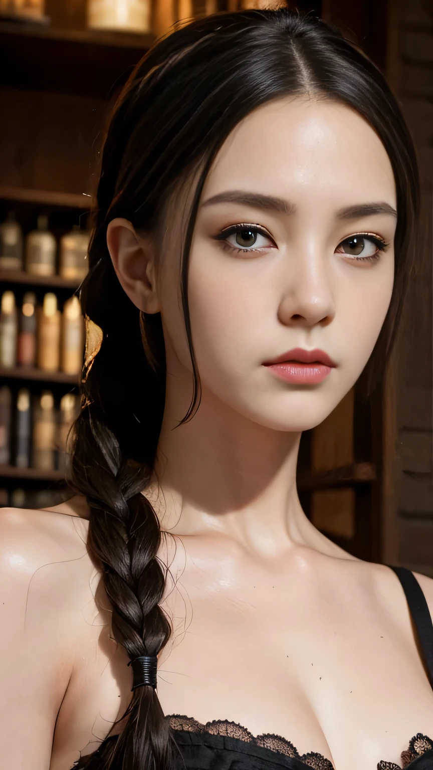 high quality、masterpiece、Delicate and beautiful face、Eye and facial details、Beautiful woman、Cosplay、Medieval European general store background、Textured skin、Super Detail、Attention to detail、Black Hair、black eye、Cornrows、Big tattoo on face、Angry face、Hitman、Cosplay