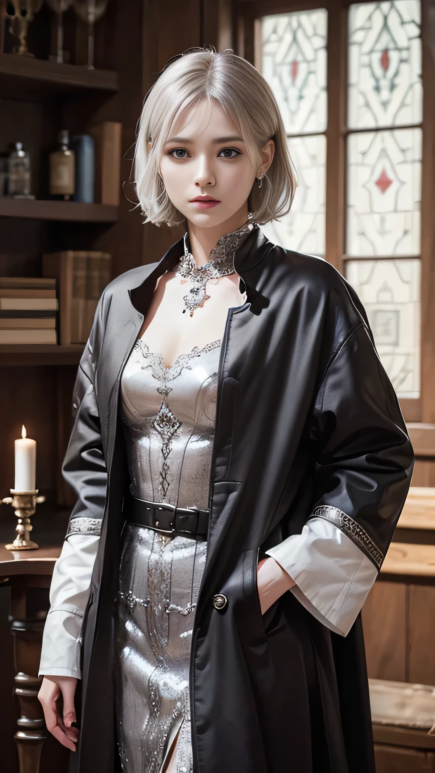 high quality、masterpiece、Delicate and beautiful face、Eye and facial details、Beautiful woman、Cosplay、Medieval European Background、Textured skin、Super Detail、Attention to detail、Silver Hair、black eye、Short Hair、Tattoo、Expressionless、Android、mechanical、Put on a coat