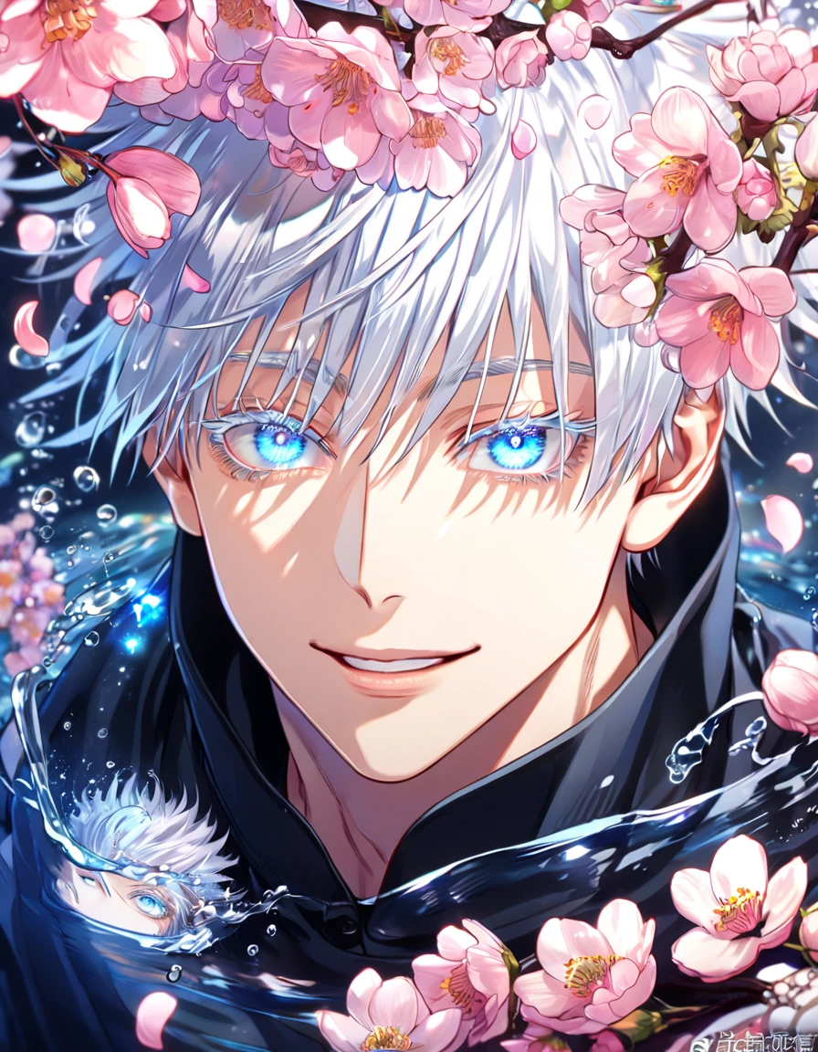 absurdos, alta resolução, ultra detalhado, HDR, obra de arte, Gojou Satoru, cabelo branco com franja, cílios brancos, olhos azuis expressivos, roupas pretas, jujutsu kaisen, Homem sexy, bonito, melhor qualidade, flores, pétalas de rosa, flores cor de rosa, fantasia, vaga-lumes azuis brilhantes, Sozinho, água, bonito smile, sensual