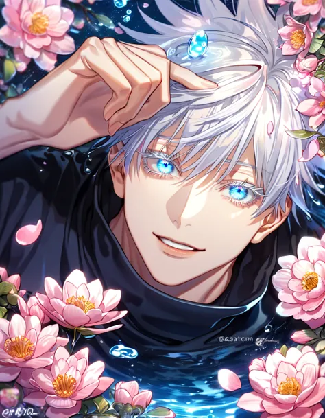 absurdres, highres, ultra detailed, HDR, master piece, Gojou Satoru, white hair with bangs, white eyelashes, expressive blue eye...