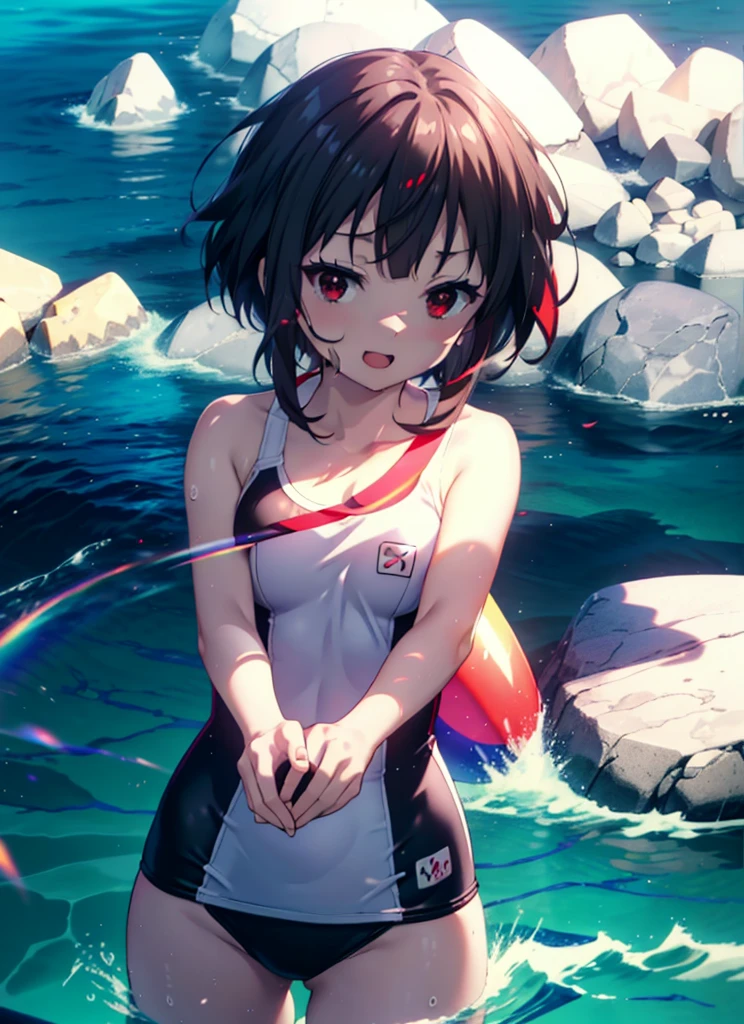 konosubaMegumin, Megumin, short hair, Black Hair, (Red eyes:1.3), short hair with long locks,happy smile,smile, Open your mouth, School Swimsuit,Water Play,Wet Hair,Wet Skin,Wet swimsuit,whole bodyがイラストに入るように,True Summer,Clear skies,Daytime, 　　　　　　　　　　　　　　　break outdoor, Beach,Sandy Beach, 　　　　　　　　　　　　　　break looking at viewer, whole body, (Cowboy Shot:1. 5),　　　　　　　　　　　　　　　　　　　break (masterpiece:1.2), Highest quality, High resolution, unity 8k wallpaper, (figure:0.8), (Beautiful attention to detail:1.6), Highly detailed face, Perfect lighting, Highly detailed CG, (Perfect hands, Perfect Anatomy),