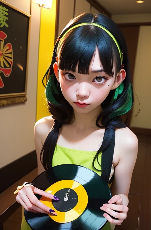 ((1 punk girl)),((Green and yellow British punk fashion:1.5)),(light black hair:1.5、Messy permed hair)Studded clothing、((Holding a record:1.5))、((He has a big speaker on his back))、（Narrow and small eyes）,Wacky makeup、Breast augmentation, (masterpiece), (High resolution), (Very delicate), nightmare, Doll-like face, Manga style, Horror elements, Comic style illustration, Japanese painting, phantom, (Spooky), Japan sculpture, crazy illustration, antique, dark atmosphere, Flat Illustration,Spooky Appearance, Unique atmosphere、music、live house、Headphones
