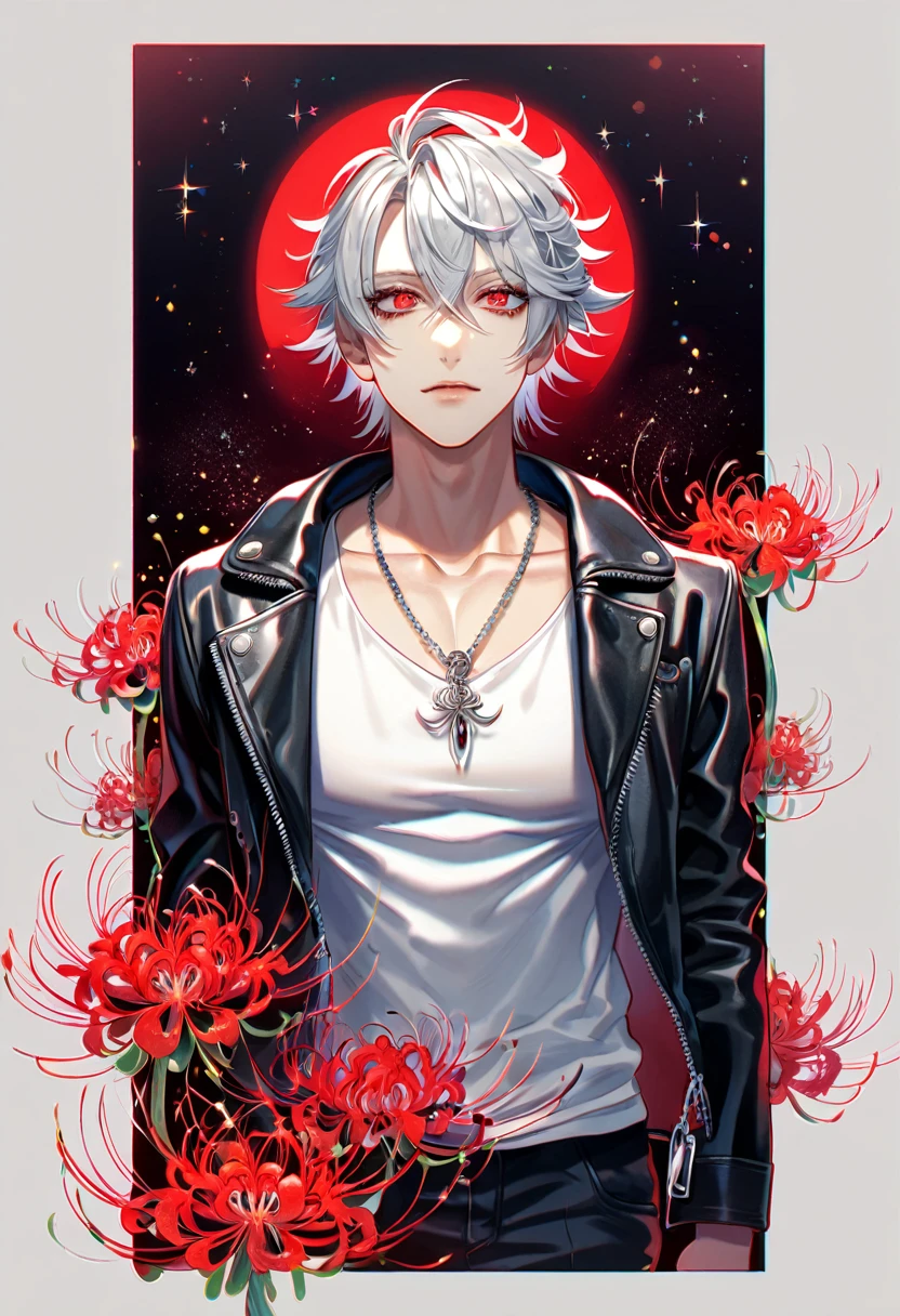 absurdres, highres, ultra detailed, HDR, master piece, best quality, extremely detailed, Aohitsugi Samatoki, chin length white hair, expressive red eyes, long eyelashes, Hypnosis Mic, black leather jacket, white T-shirt, solo, sexy man, handsome, sensual, fantasy, red blood water, sparkling, red glittering fireflies, red moon, red blossoms, red spider lilies, red sparkling lights, starry sky, magical