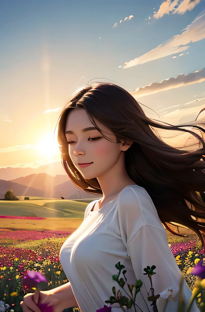 Create an image of a young woman in a field of wildflowers, with the sun shining softly in the background, lighting up your face. The woman must have wavy brown hair, brown dark eyes, a welcoming smile and tanned skin. The atmosphere of the image should convey a feeling of joy and well-being, with a welcoming and happy environment. Use 8k resolution, with surreal fantasy rendering style. Lighting should be soft and magical, with sunlight, and ultra-fine details should be visible in the flowers and skin texture. The art style should be inspired by surreal fantasy art, with ethereal and magical elements. The image should tell the story of a radiant and happy young woman, that brings happiness to others around you, symbolized by the field of flowers in full bloom and the soft, magical light of the sun.
